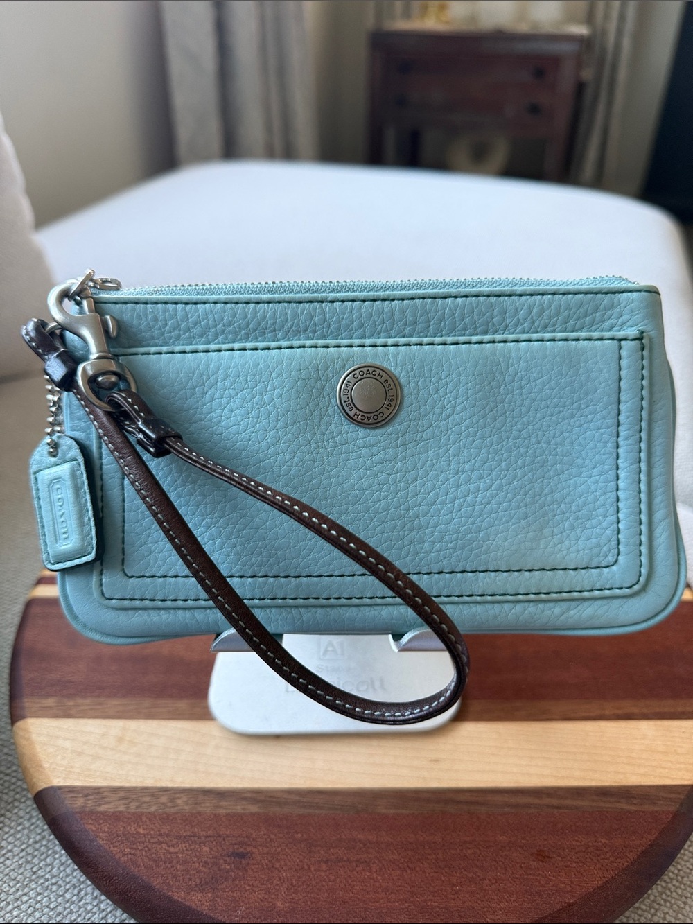 Coach Pebbled Leather Wristlet in Aqua with Brown Strap